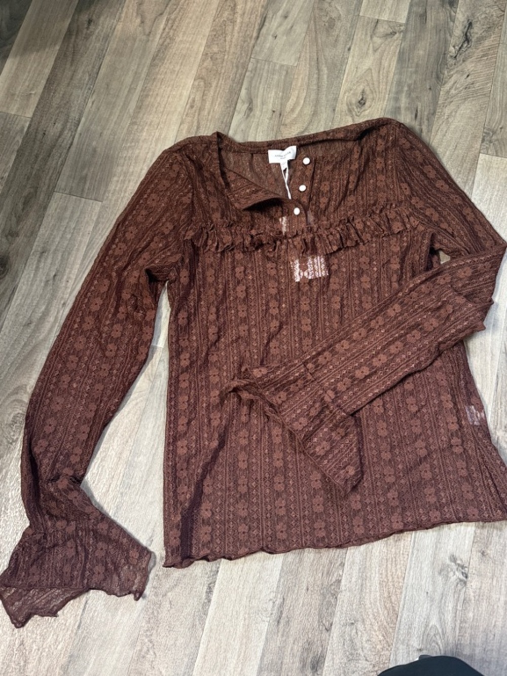 Women's Brown Lace-Trim Long Sleeve Henley Top